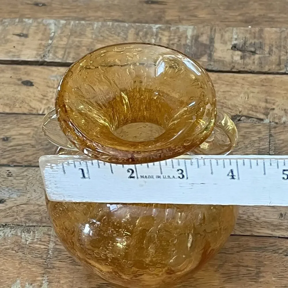 Vintage Hand Blown Glass Vase 5.5 in Amber Yellow Bubble Design w Scroll Handles